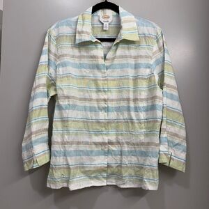 Talbots Irish Linen Button Up Shirt Blue Green White Striped